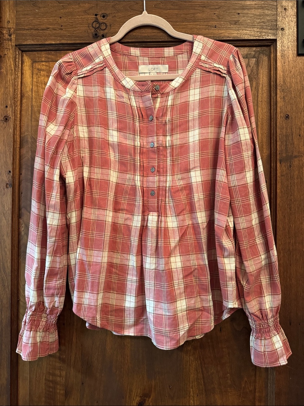 LOFT Pink & Cream Plaid Button-Front Long Sleeve Top